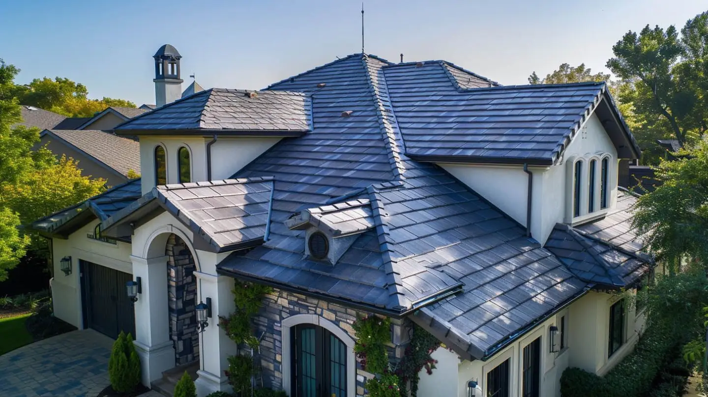 Large, multi-story house with blue-gray tile roof. White stucco exterior with arched doorway and stone accents.