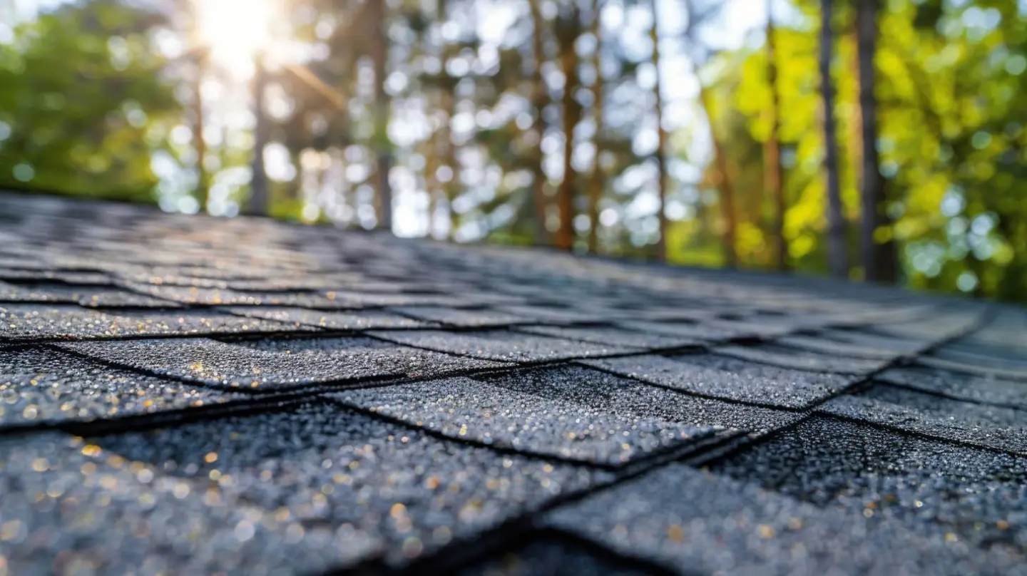 Close-up of a gray asphalt shingle roof with a blurred forest background and sunlight.