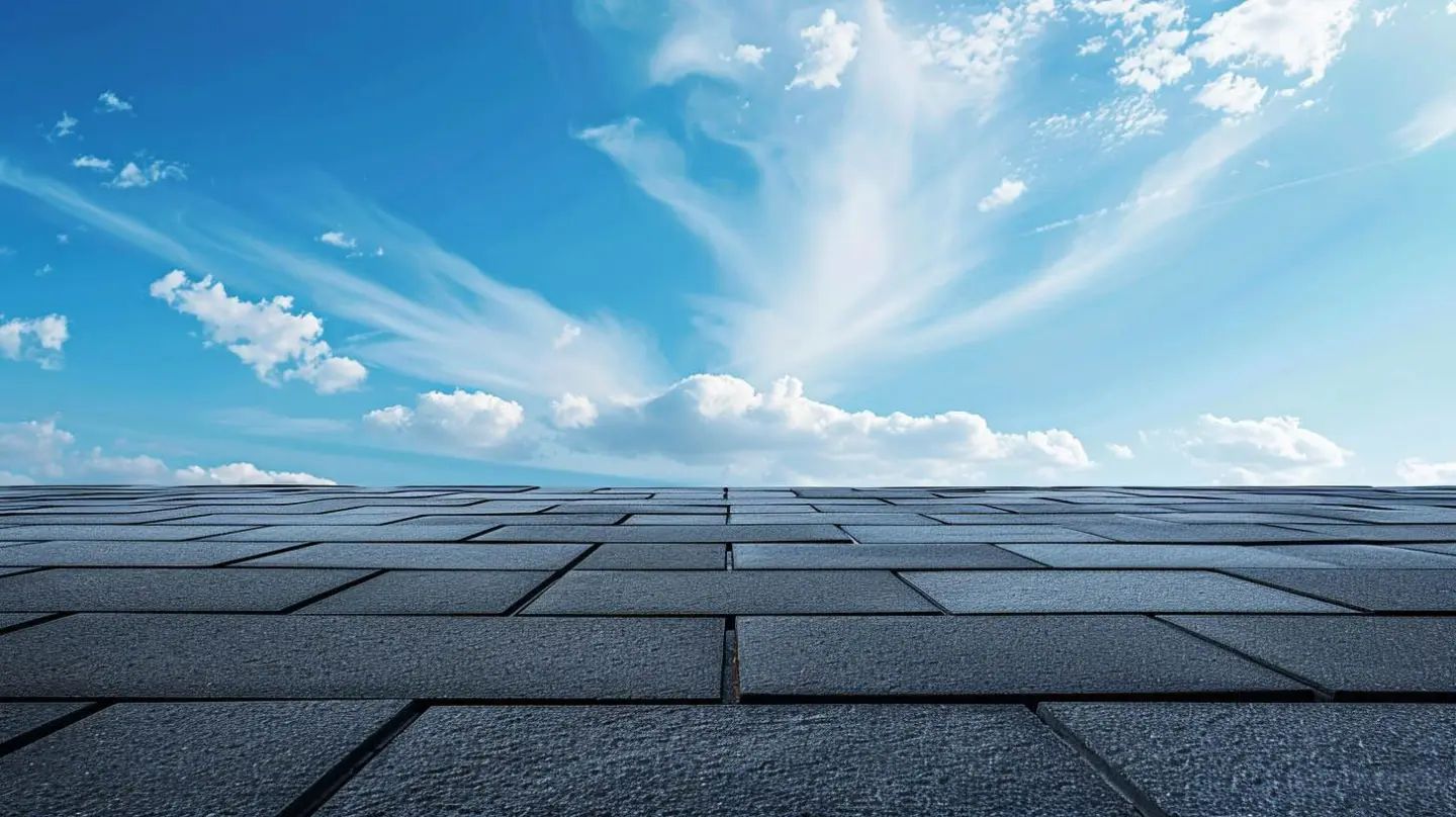 Blue sky with scattered clouds above a gray brick surface.
