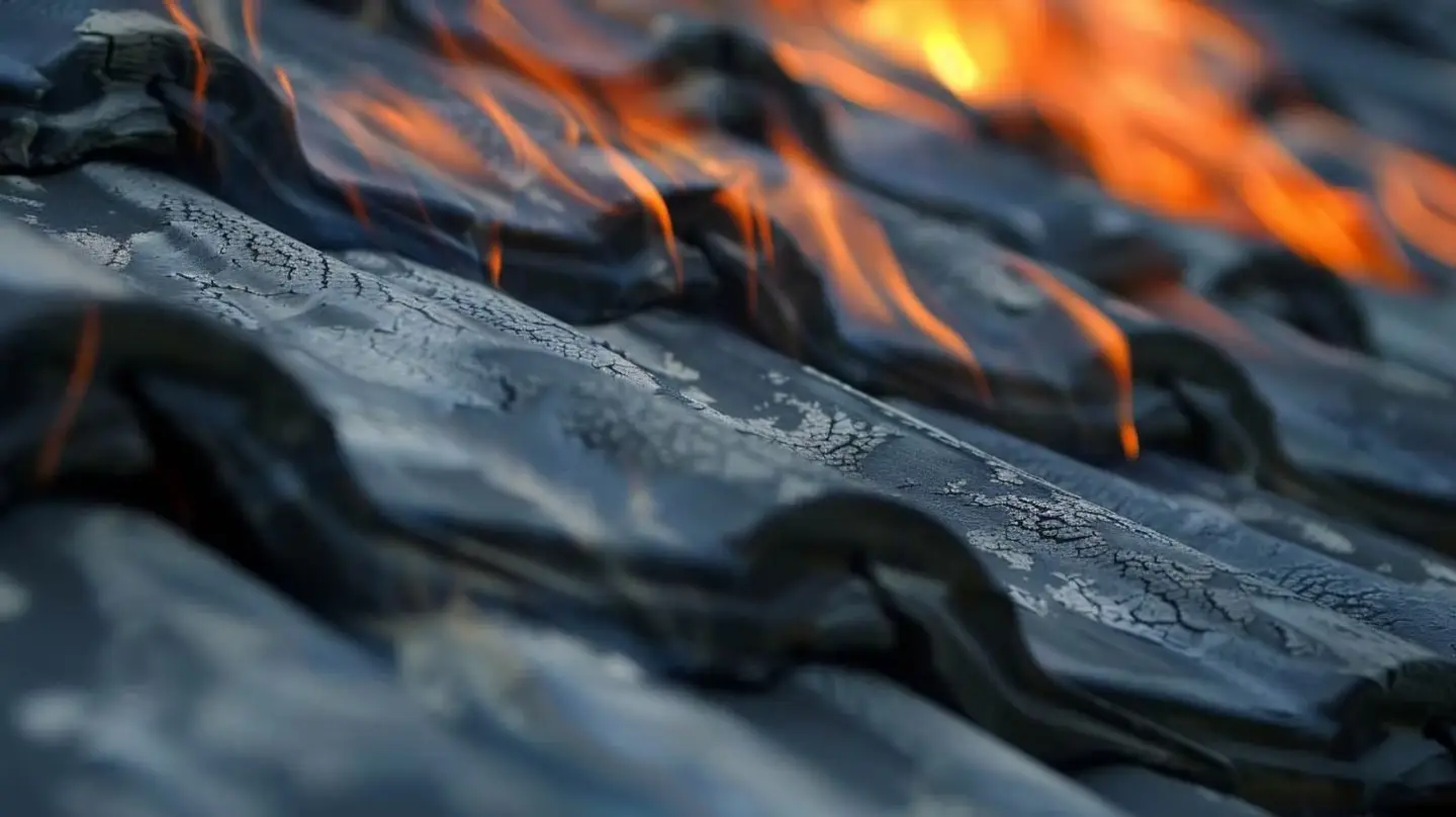 Burning roof tiles with bright orange flames.
