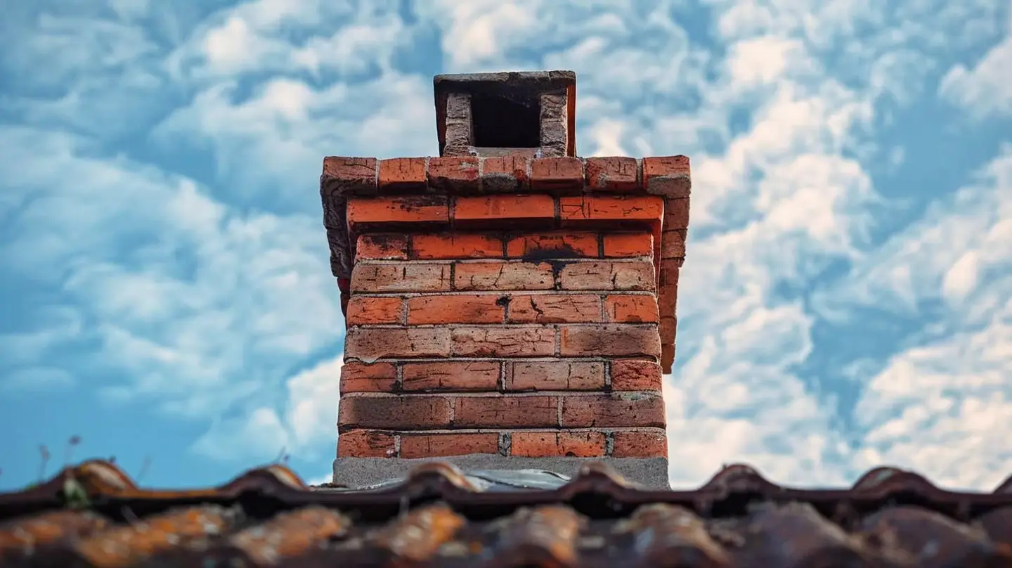 Brick chimney against a cloudy blue sky.