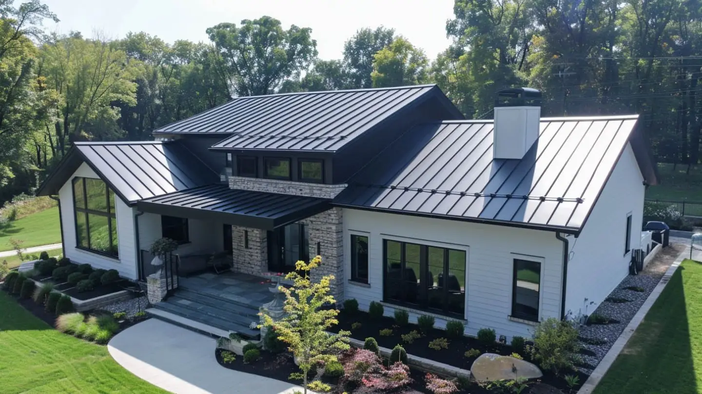 Modern house with black metal roof and white siding, stone accents, and manicured landscaping.