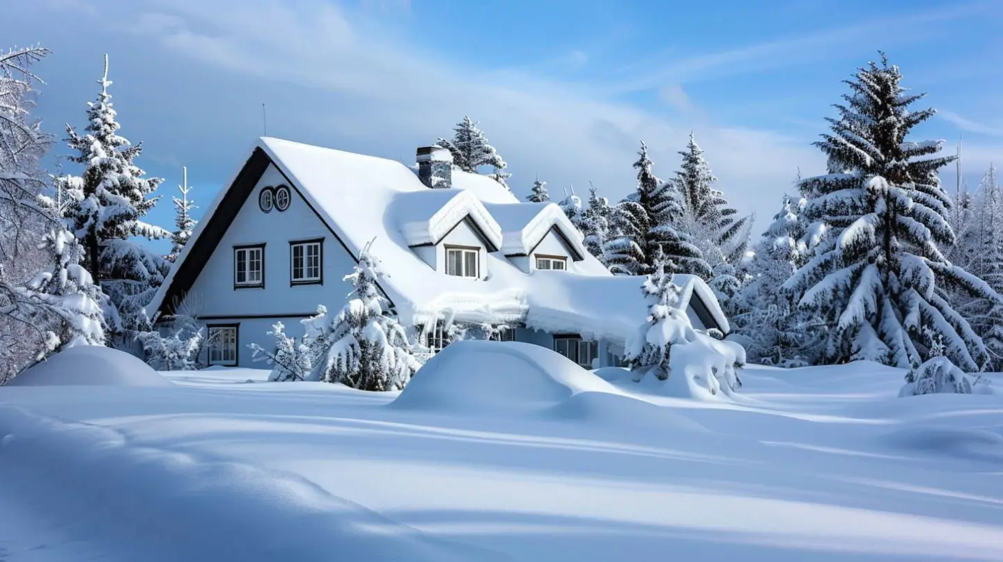 Snow-covered house and evergreens in a winter landscape, under a blue sky.