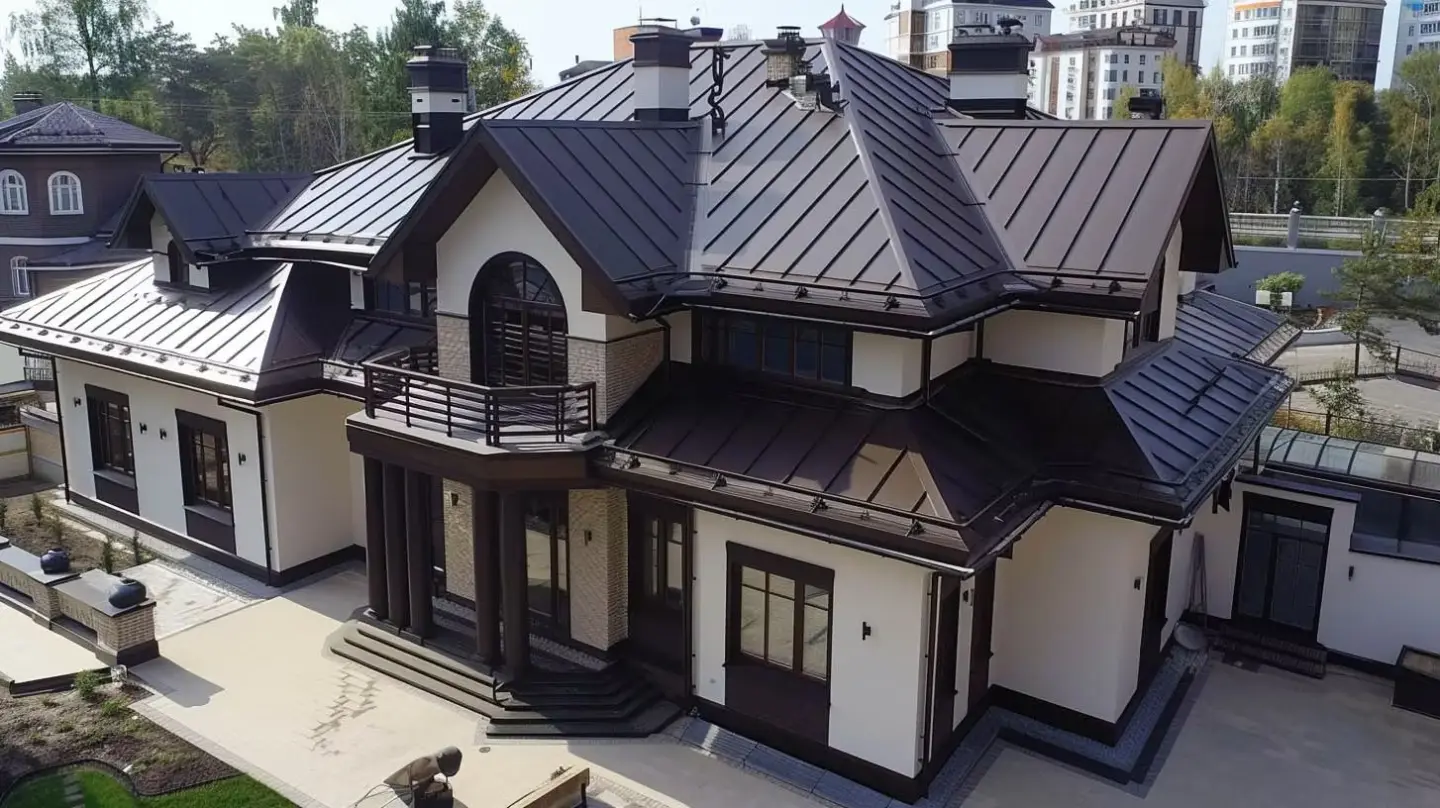 Luxurious two-story house with brown roof, beige walls, and brown trim. Sunny day, exterior shot.