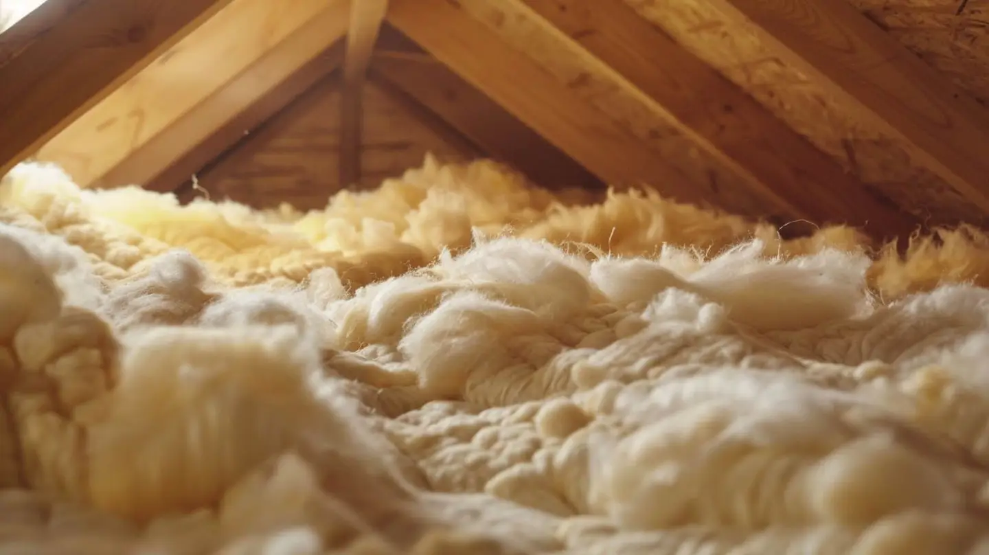 Attic with thick, fluffy, tan insulation filling the space between wooden rafters.